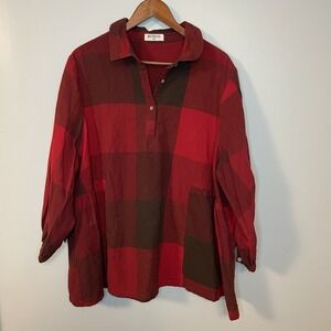Buykud Women's XXL Long Sleeve Linen Blend Red Plaid‎ Quiet Luxury